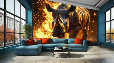 A rhino is standing in the middle of a fire Wall mural