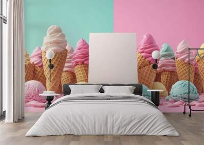 A row of ice cream cones with a white sign in the middle Wall mural