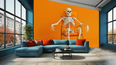 A skeleton is sitting in an orange chair Wall mural