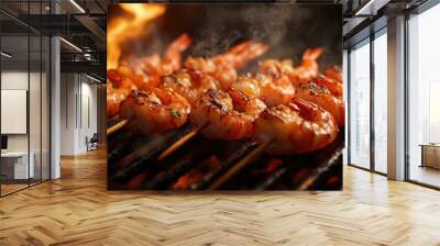 A skewer of shrimp is being cooked on a grill Wall mural