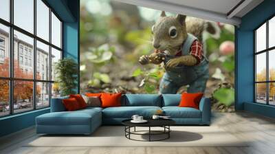 A squirrel is standing in a garden with a hat on and holding a nut Wall mural