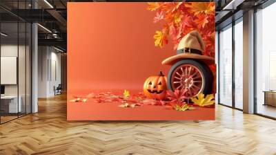 A tire is surrounded by leaves and a pumpkin Wall mural