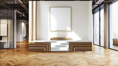 A white room with a wooden bench and a white wall with a picture frame Wall mural