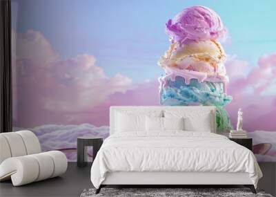 Appetizing ice cream cones are melting on a colorful background. Wall mural