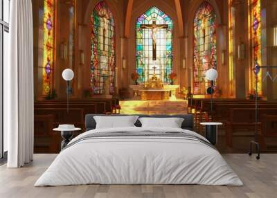 church with stained glass windows and a cross on the altar Wall mural