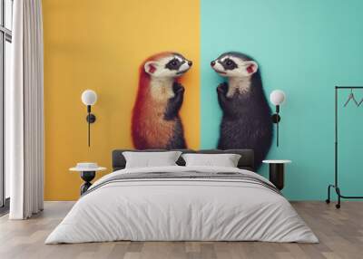 Two baby raccoons are laying on a yellow and blue background Wall mural