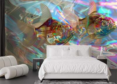 Two fish swimming in a pool of water with a rainbow effect Wall mural