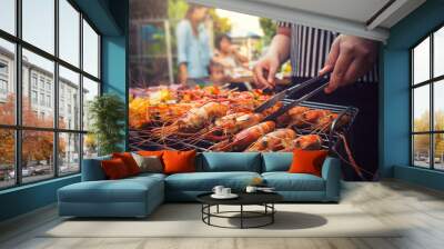 BBQ Party happy summer family dinner at home outdoor vintage style. Wall mural