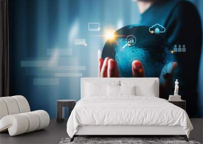 Cloud Scaling Solution. business woman cloud computing services provide world online storage technology. Wall mural