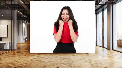 Female sports fan isolated, confident asian soccer fans wearing red t-shirt isolated on white background. Happy, shock, win, victory Wall mural