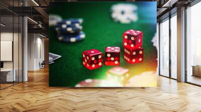 Poker Chips in casino gamble green table. Wall mural