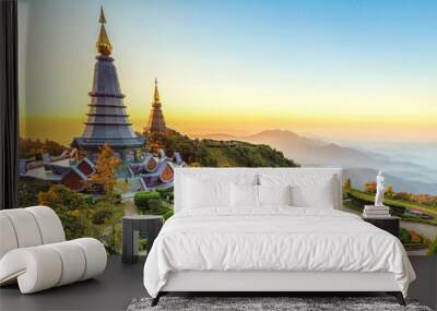 Landscape of two pagoda at the Inthanon mountain at sunset, Chiang Mai, Thailand. Wall mural