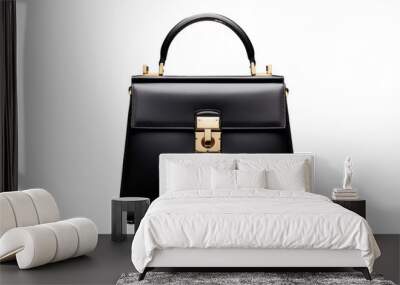 A classic black leather handbag with gold hardware, shot on a white background in a high-end studio setting. Wall mural