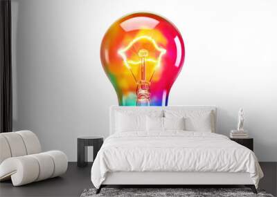 A colorful smart light bulb with a fun, playful design, emitting a vibrant glow, isolated on a white background. Wall mural