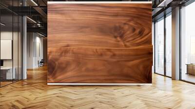 A large, rustic wooden cutting board made from a single piece of edge grain walnut, with a smooth, worn surface and deep, rich color. Wall mural