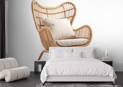 A rustic rattan armchair with a natural woven design and a relaxed boho vibe, isolated on a white background Wall mural