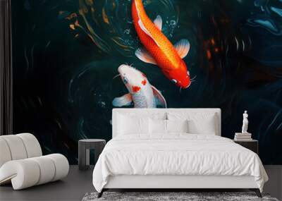 fish This digital artwork showcases two koi fish gracefully swimming in a circular pattern, symbolizing balance and harmony. The intricate details of the white and orange koi, combined with the swirli Wall mural