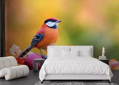 Colorful Bird Perched on Autumn Leaves Wall mural