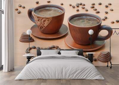 Two cups of coffee with coffee beans in the shape of a heart on a wooden table Wall mural