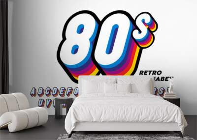 80's style colorful retro 3D font, alphabet letters and numbers Wall mural