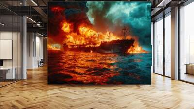 A burning oil tanker in the ocean Wall mural