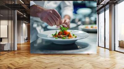 A chef plating a beautifully designed dish, kitchen background Wall mural