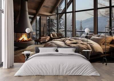 A cozy cabin bedroom with a fireplace and snow outside the windows, white bedding. Generative AI Wall mural