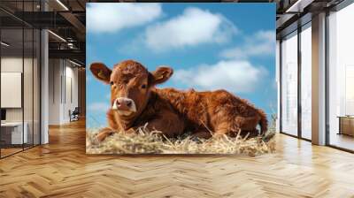 A cute calf is lying in straw Wall mural