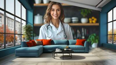 A female doctor nutritionist holding a bowl with a healthy vegetable salad Wall mural