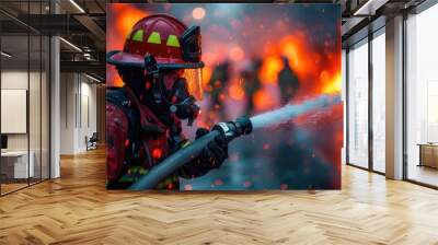 A firemen using fire hose to extinguish a fire Wall mural