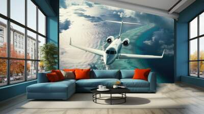 A glossy white VIP private jet flying over an island Wall mural