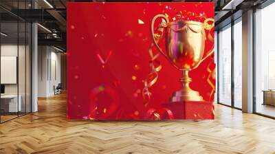 A golden trophy with streamers on red background, space for text Wall mural