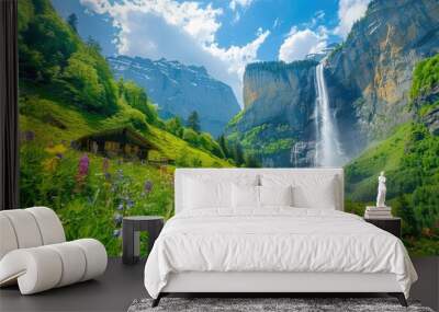 A green landscape in Switzerland surrounded with colourful flowers and waterfalls Wall mural