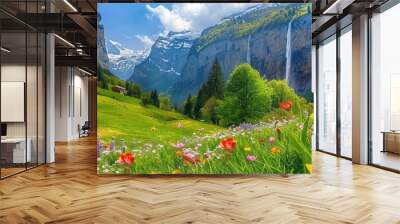 A green landscape in Switzerland surrounded with colourful flowers and waterfalls Wall mural