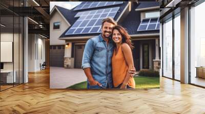 A happy couple stands smiling in the driveway of a large house with solar panels installed. Generative AI Wall mural