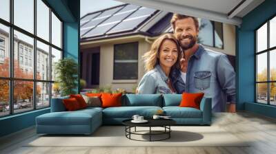 A happy couple stands smiling in the driveway of a large house with solar panels installed. Wall mural