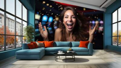 A happy joyful woman won in Casino. Generative AI Wall mural