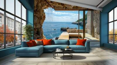 A living room of a villa shaped like blocks of limestone rock along the cliff facing the sea, with waterfalls from the roof Wall mural