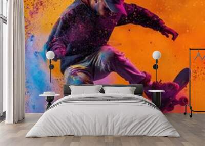 A man skater doing kickflip on skateboard, colorful background Wall mural