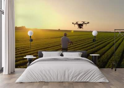 A modern farmer with a drone over a vegetable field. Generative AI Wall mural