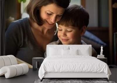 A mother is reading a children's book to her son in a cozy, warm setting Wall mural