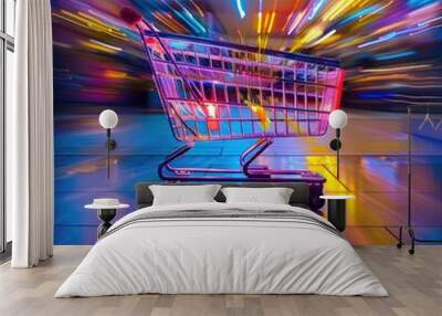 A neon shopping cart in motion on an abstract, colorful background Wall mural