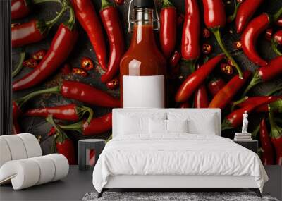 A red hot chilli sauce bottle with white blank label Wall mural