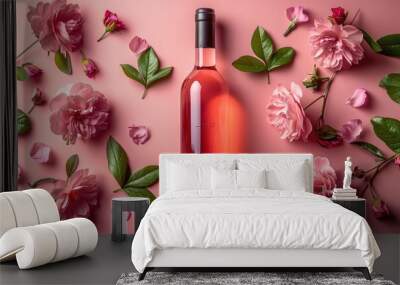 A rose wine bottle around flowers Wall mural