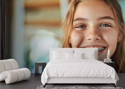 A smiling girl teenager with braces mouth, close up Wall mural