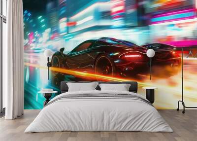 A sport car driving fast through a city. Night scene Wall mural