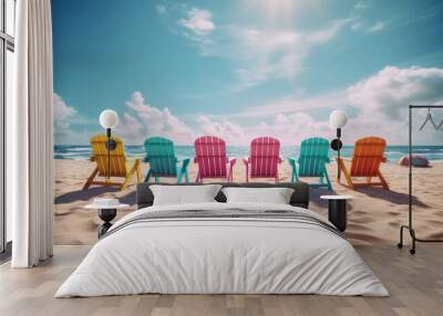 A sunny beach with a row of colorful beach chairs. Generative AI Wall mural