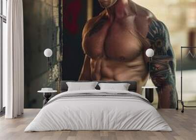 A tattooed firefighter showing athletic abs, muscle arms and muscle chest Wall mural