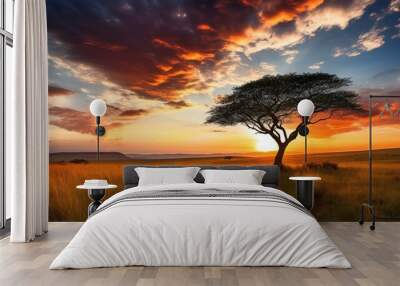 Acacia tree silhouette standing tall against the backdrop of a breathtaking sunset. Generative AI Wall mural