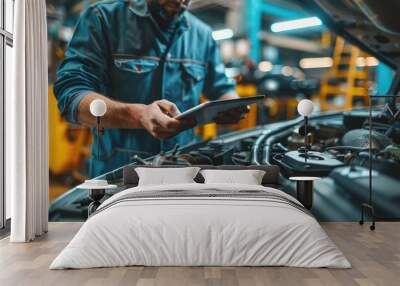 An auto mechanic with a tablet at a repair shop with open hood Wall mural